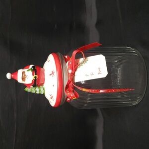 Clear Ribbed Glass Jar with Ceramic Black Santa with Tree Lid